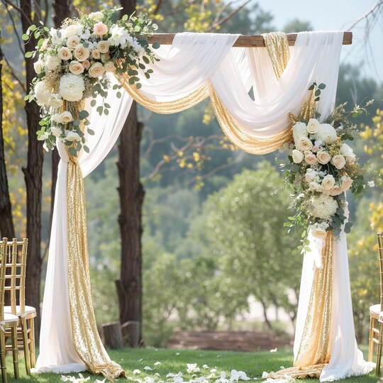 SP; Wedding Arch Draping Fabric – 2 Panels Sheer Backdrop Curtain 28"x19Ft for Ceremony & Party Decor; Category:Curtains & Backdrops; Image:1